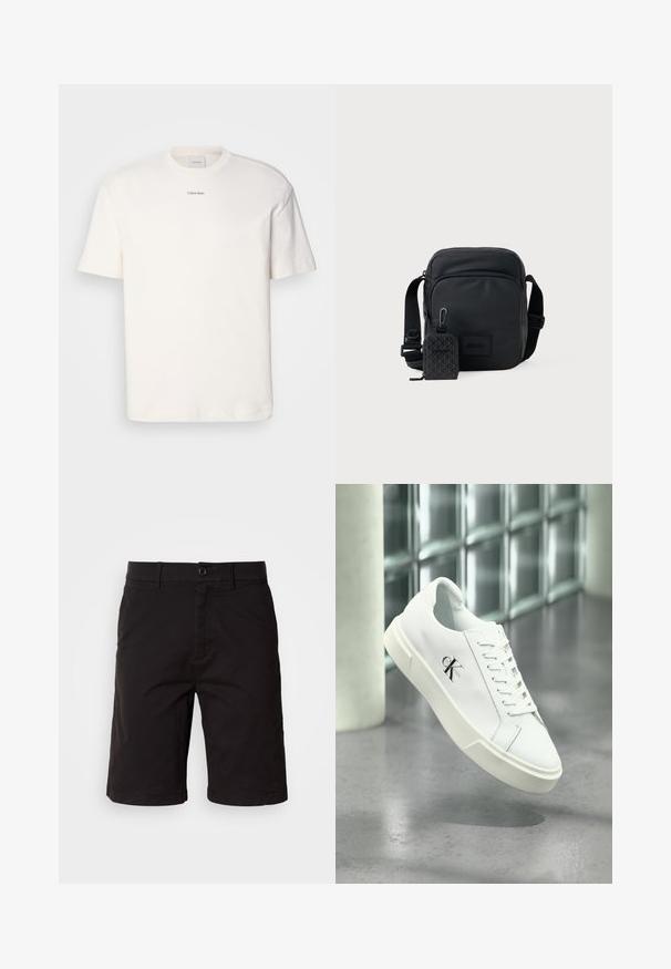 Camiseta de algodón blanca con cuello redondo, mangas cortas y logo bordado de "Calvin Klein" en el centro del pecho. Diseño liso.; Shorts negros fabricados con un tejido ligero, con cierre de botón en la parte delantera, pasadores para cinturón, bolsillos laterales y un corte recto con dobladillos enrollados.; Zapatilla blanca Calvin Klein con cordones, mostrada flotando sobre un suelo de cemento pulido y un fondo de pared de bloques de vidrio.; Bolso cruzado compacto negro con correa ajustable y bolsillo con cremallera en la parte delantera, que incluye un pequeño estuche de patrón adjunto con clip.