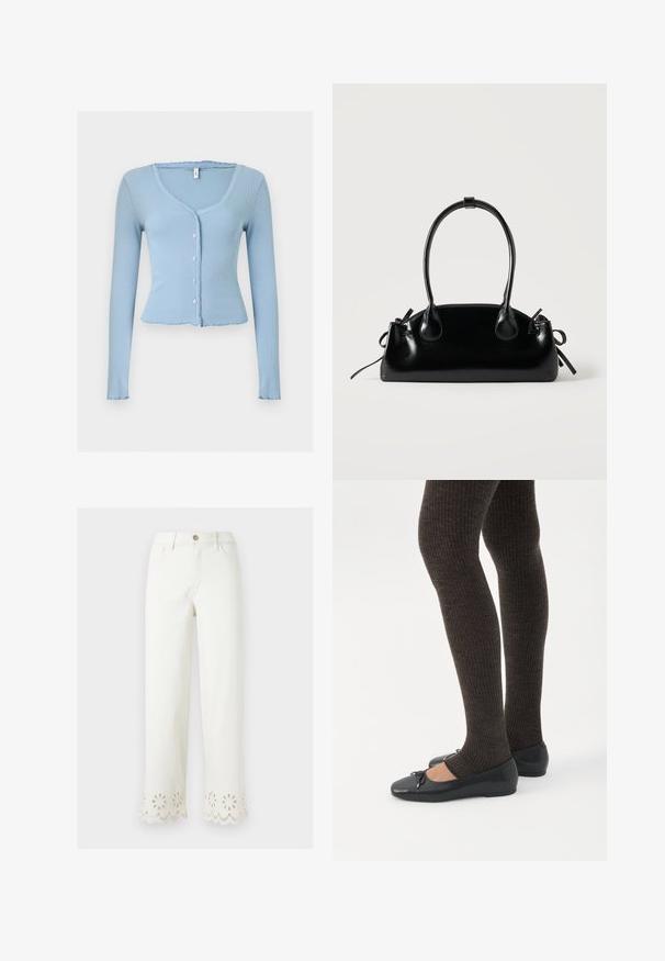 Cardigan à manches longues côtelé bleu clair avec petits boutons blancs, col en V et bords légèrement froncés sur le col, les poignets et l’ourlet.; Pantalon blanc à jambes droites avec des détails en découpe œillet florale le long de l'ourlet festonné, bouton à l'avant et poches latérales.; Jambes portant des leggings côtelés foncés associés à des ballerines noires avec de petits détails en nœud sur fond blanc.; Petit sac à main noir brillant avec deux longues anses et des détails à cordon sur les côtés sur un fond clair uni.