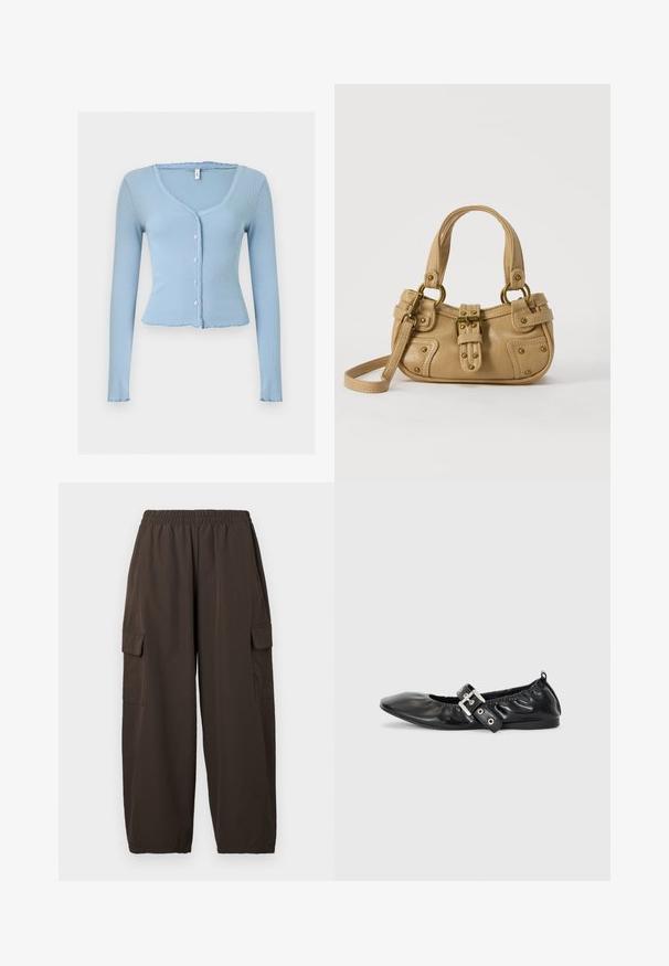 Cardigan à manches longues côtelé bleu clair avec petits boutons blancs, col en V et bords légèrement froncés sur le col, les poignets et l’ourlet.; Pantalon cargo marron avec une taille élastique, deux poches latérales et une coupe ample. Fabriqué en tissu léger, avec une texture lisse.; Chaussure plate en cuir noir avec un nez pointu, des détails froncés autour de l'ouverture et un accent en boucle argentée sur la bride ajustable.; Sac à main en cuir beige avec double poignées, boucle en laiton et détails rivetés, ainsi qu'une bandoulière réglable sur fond blanc.