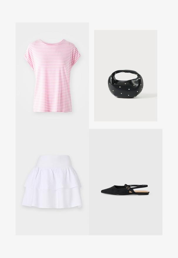 Camiseta de manga corta rayada en rosa claro con cuello redondo. Tela suave, corte relajado, con rayas horizontales uniformes de diferentes anchos.; Falda blanca de volantes hecha de un tejido ligero, con un diseño ligero que cuenta con una cinturilla elástica y dos capas con volantes.; Call it Spring JORDYNNE - Bailarinas con tira trasera - black; Bolso de mano de cuero negro con forma redondeada, decorado con detalles de tachuelas plateadas y un asa corta. Textura lisa y cierre con cremallera.