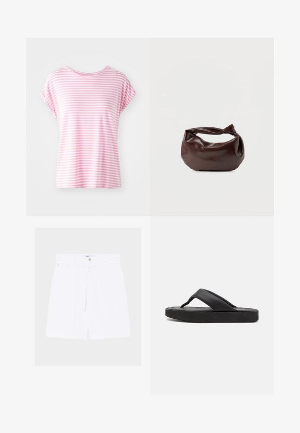 Lyserød stribet kortærmet t-shirt med rund halsudskæring. Blødt stof, afslappet pasform med jævne horisontale striber i varierende bredder.; Hvide shorts med høj talje med knap foran og snøre, med bæltestropper og sidelommer på en ensfarvet baggrund.; Sort flip-flop med en bredt tåpost og en blød syntetisk overdel. Har en tyk gummisål med en struktureret fodseng for greb.; Mørkebrun læder skuldertaske med en blød, afslappet form og et snoet knudehåndtag på en ensartet hvid baggrund.