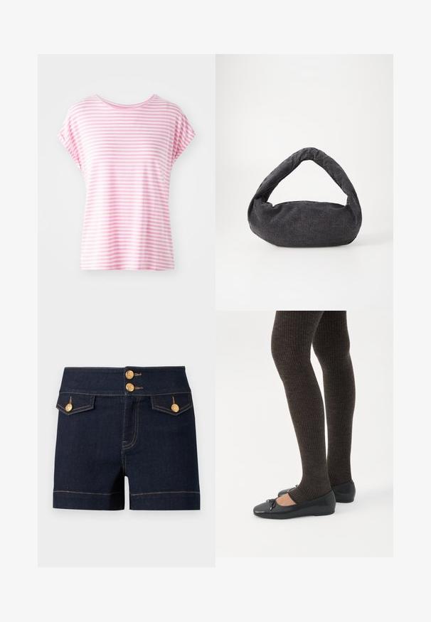 Camiseta de manga corta rayada en rosa claro con cuello redondo. Tela suave, corte relajado, con rayas horizontales uniformes de diferentes anchos.; Pantalones cortos de mezclilla azul oscuro con cintura alta, dos bolsillos frontales con solapa y botones decorativos dorados en la cintura y los bolsillos.; Piernas con leggings oscuros acanalados combinados con bailarinas negras que presentan pequeños detalles de lazo sobre un fondo blanco.; Bolsa de tela gris oscuro con un asa curva, textura suave y forma redondeada. Sin hardware ni adornos visibles.