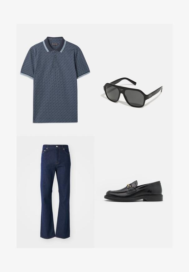 Marineblaue Polohemd mit geometrischem Muster. Verfügt über einen gerippten Kragen mit hellblauen Akzenten und einer Knopfleiste mit drei Knöpfen. Hergestellt aus weichem Stoff.; Dunkelblaue Jeans mit ausgestelltem Schnitt aus Denim. Verfügt über fünf Taschen, einen Reißverschluss vorne und einen Metallknopfverschluss. Klassische Nähte setzen Akzente.; Schwarze Lederleter mit einer abgerundeten Zehenpartie, ausgestattet mit goldenen Hardwareakzenten und Stichdetails, auf einer niedrigen, strukturierten Gummisohle.; Dolce&Gabbana Sonnenbrille - black