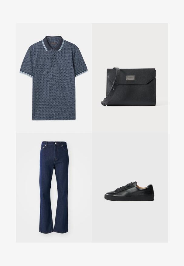Donkerblauwe polo met een geometrisch patroon. Voorzien van een ribgebreide kraag met lichtblauwe accenten en een knoopsluiting met drie knopen. Gemaakt van zachte stof.; Flared donkerblauwe jeans gemaakt van denim. Beschikt over vijf zakken, een ritssluiting aan de voorkant en een metalen knoopsluiting. Klassieke stikselaccenten.; Zwarte leren sneaker met een gladde textuur, ronde neus en vetersluiting. Heeft een dikke rubberen zool en minimale merkaanpassing.; Zwart getextureerde leren crossbody tas met verstelbare riem en metalen logo plaatje aan de voorkant, rechthoekige envelopstijl flap sluiting.