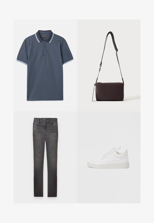 Marineblaue Polohemd mit geometrischem Muster. Verfügt über einen gerippten Kragen mit hellblauen Akzenten und einer Knopfleiste mit drei Knöpfen. Hergestellt aus weichem Stoff.; Dunkelgraue Jeans aus Denim mit geradem Bein, fünf Taschen, metallischer Knopfverschluss und einem leicht abgeriebenen Finish auf dem Stoff.; Weißer Ledersneaker mit abgerundetem Zehenbereich, flacher Sohle und Schnürverschluss. Verfügt über Nahtdetails und einen gepolsterten Kragen für zusätzlichen Komfort.; Dunkelbraune, strukturierte Leder-Crossbody-Tasche mit verstellbarem Riemen und kleinem dekorativen blauen Akzent an der Seite.