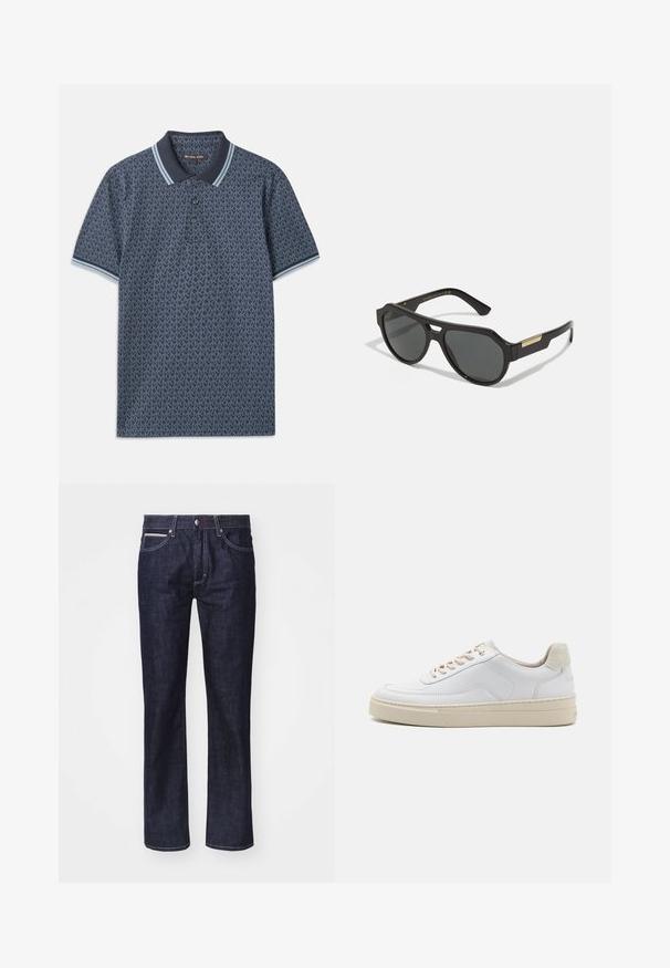 Marineblaue Polohemd mit geometrischem Muster. Verfügt über einen gerippten Kragen mit hellblauen Akzenten und einer Knopfleiste mit drei Knöpfen. Hergestellt aus weichem Stoff.; Dunkelblaue Denim-Jeans mit geradem Schnitt, dezentem Kontraststich, fünf Taschen und einem Knopfverschluss an der Taille.; Weiße Sneaker mit einem glatten Lederobermaterial, beigen Schnürsenkeln und einer strukturierten, beigen Wildleder-Fersenschlaufe. Erhöhte Sohle für zusätzlichen Komfort.; Schwarze Sonnenbrille mit einem geometrischen Rahmen, getönten Gläsern und goldenen Akzenten an den Bügeln. Glattes Kunststoffmaterial mit mattem Finish.