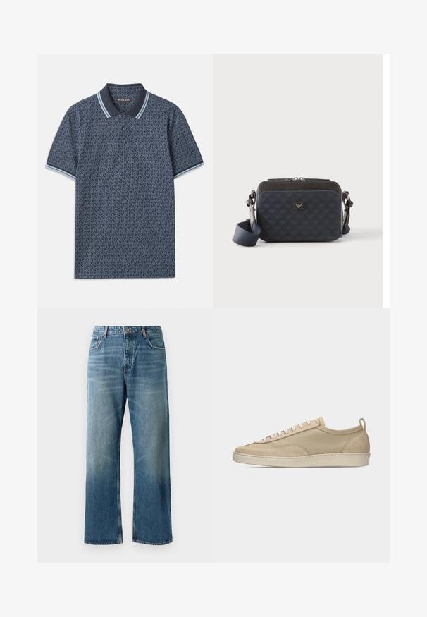 Marineblaue Polohemd mit geometrischem Muster. Verfügt über einen gerippten Kragen mit hellblauen Akzenten und einer Knopfleiste mit drei Knöpfen. Hergestellt aus weichem Stoff.; Helle blaue, weit geschnittene Jeans mit einer verblassten Waschung, ausgestattet mit einem Ein-Knopf-Verschluss, fünf Taschen und kontrastierenden Nähten.; Beiger Sneaker mit niedriger Schafthöhe, Obermaterial aus Stoff und Wildleder, weißen Schnürsenkeln, Gummisohle und Fersenlasche, seitlich auf weißem Hintergrund dargestellt.; Rechteckige dunkelblaue Umhängetasche mit verstellbarem Riemen, Reißverschluss und subtilem Logomuster auf der Vorderseite.