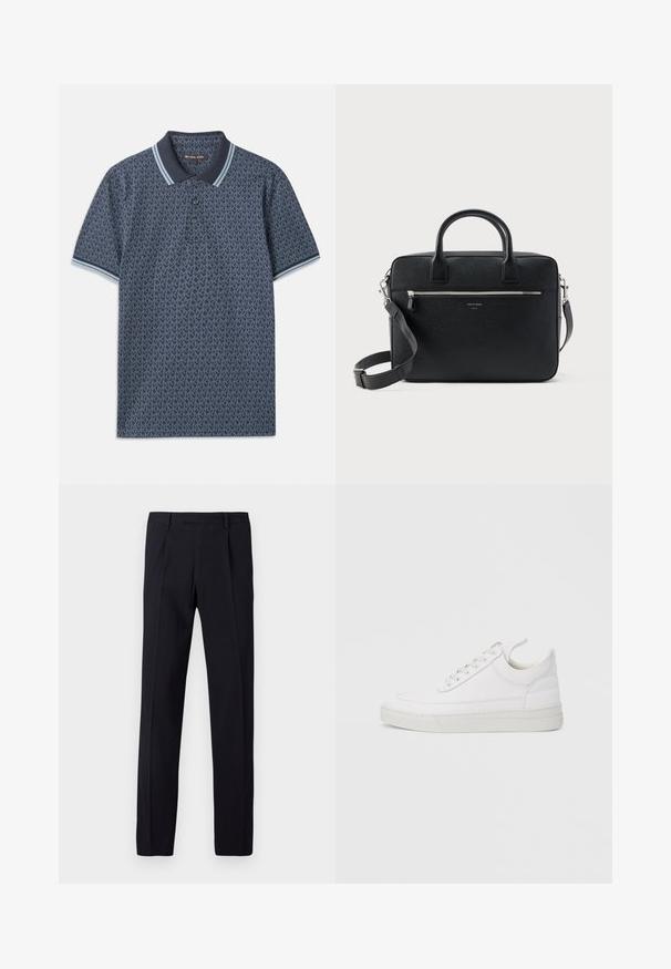 Donkerblauwe polo met een geometrisch patroon. Voorzien van een ribgebreide kraag met lichtblauwe accenten en een knoopsluiting met drie knopen. Gemaakt van zachte stof.; Zwarte broek met een gestructureerde afwerking, voorzien van een rechte snit, riemlussen en geplooide vouwen aan de voorkant. Geen zichtbare zakken.; Witte leren sneaker met een afgeronde neus, platte zool en veters aan de voorkant. Voorzien van stikseldetails en een gevoerde kraag voor comfort.; Zwart gestructureerde rechthoekige leren aktetas met dubbele handvatten, voorvak met rits en verstelbare schouderriem, weergegeven op witte achtergrond.
