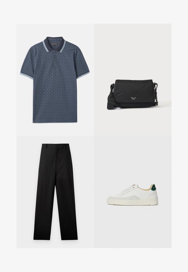 Marineblaue Polohemd mit geometrischem Muster. Verfügt über einen gerippten Kragen mit hellblauen Akzenten und einer Knopfleiste mit drei Knöpfen. Hergestellt aus weichem Stoff.; Schwarze Baumwollhosen mit geradem Bein, ausgestattet mit einem vorderen Knopfverschluss und Seiten Taschen. Glatte Textur, keine Muster.; Weiße Sneaker mit Wildlederelementen, runder Zehenpartie, flachen Schnürsenkeln und einer cremefarbenen Gummisohle. Mit grünen Markenlogo am Fersenbereich.; Schwarze Umhängetasche mit verstellbarem Riemen und kleinem silbernem Logoemblem auf der Vorderklappe, dargestellt auf einfachem hellem Hintergrund.