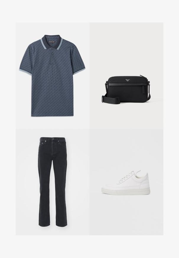 Camisa polo de color azul marino con un patrón geométrico. Presenta un cuello acanalado con acentos en azul claro y una tapeta de tres botones. Fabricada en una tela suave.; Vaqueros de mezclilla negra con un diseño de pierna recta, que cuentan con cinco bolsillos y un cierre de botón. La tela tiene una textura sutil y un acabado resistente.; Zapatilla blanca de cuero con punta redondeada, suela plana y cierre de cordones. Presenta detalles de costuras y un cuello acolchado para mayor comodidad.; Bolso bandolera rectangular negro con bolsillo frontal con cremallera, correa ajustable y pequeño logo metálico en el centro superior.