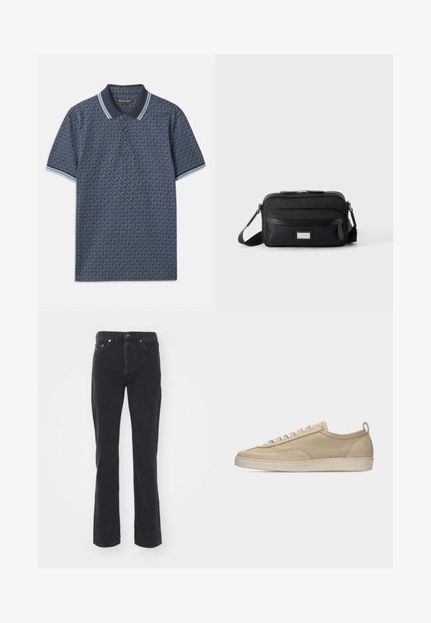 Donkerblauwe polo met een geometrisch patroon. Voorzien van een ribgebreide kraag met lichtblauwe accenten en een knoopsluiting met drie knopen. Gemaakt van zachte stof.; Zwarte denim jeans met een rechte pijpdesign, voorzien van vijf zakken en een knoopsluiting. De stof heeft een subtiele textuur en stevige afwerking.; Beige lage sneaker met bovenwerk van stof en suède, witte veters, rubberen zool en een lus aan de hiel, afgebeeld in zijaanzicht op een witte achtergrond.; Zwarte rechthoekige crossbodytas met voorvak met ritssluiting, verstelbare schouderband en zilveren rechthoekige logo-plaat op effen achtergrond.