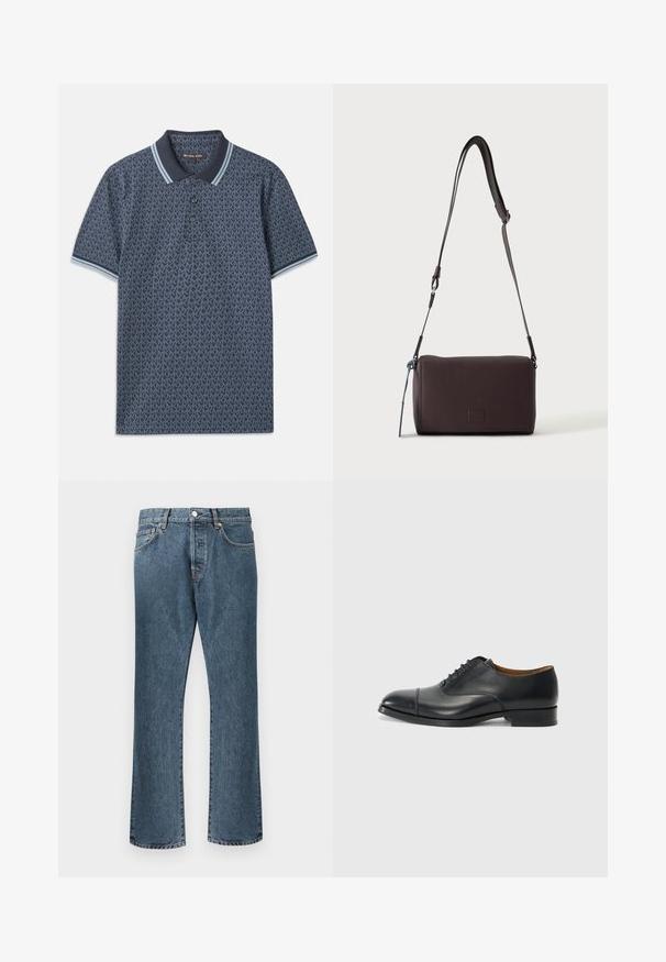 Donkerblauwe polo met een geometrisch patroon. Voorzien van een ribgebreide kraag met lichtblauwe accenten en een knoopsluiting met drie knopen. Gemaakt van zachte stof.; Blauwe spijkerbroeken met een rechte pijp, uitgerust met een klassieke knoop- en rits sluiting, vijf zakken en subtiele vervaging.; Zwarte leren dress shoe met een gladde afwerking, ronde neus, vijf gaten voor veters, en een lage blokhak. Minimalistisch ontwerp met subtiele stiksels.; Donkerbruine gestructureerde leren crossbodytas met verstelbare riem en klein decoratief blauw accent aan de zijkant.