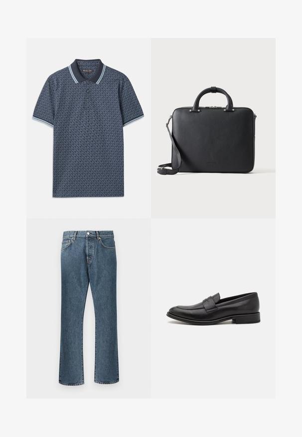 Mørkeblå polo t-shirt med et geometrisk mønster. Har en ribbet krave med lyseblå accenter og tre-knaps placket. Lavet af blødt stof.; Blå denim jeans med lige ben design, der har en klassisk knap- og lynlås lukning, fem lommer og subtilt slid.; Sort læderloafer med en glat finish, en dekorativ rem over vristen, rund tå og en lav stablet hæl.; Sort tekstureret lædermappe med dobbelte håndtag, aftagelig skulderrem og top lynlåslukning på en ensartet lys baggrund.