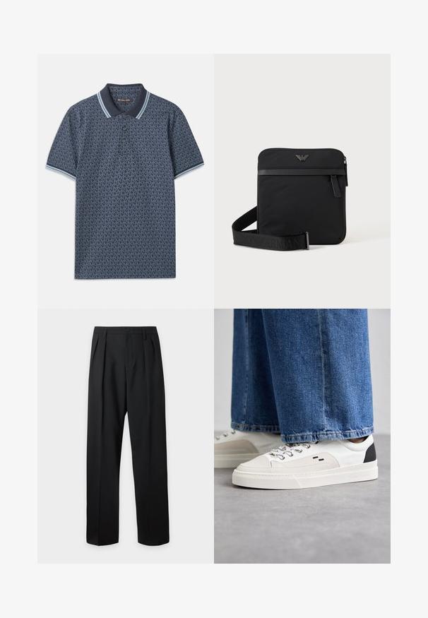 Marineblaue Polohemd mit geometrischem Muster. Verfügt über einen gerippten Kragen mit hellblauen Akzenten und einer Knopfleiste mit drei Knöpfen. Hergestellt aus weichem Stoff.; Schwarze hoch taillierte maßgeschneiderte Hose mit Gürtelschlaufen, vorderen Falten, Knopfverschluss und geraden, weiten Beinen auf hellem Hintergrund.; Weiße und schwarze Sneaker mit einem Obermaterial aus glattem Leder, strukturierten Akzenten und einer massiven weißen Sohle. Verfügt über ein klassisches Schnürdesign.; Schwarze quadratische Schultertasche mit Reißverschluss, Vordertasche und verstellbarem Riemen mit eingeprägtem Markennamen.