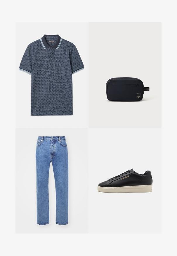 Donkerblauwe polo met een geometrisch patroon. Voorzien van een ribgebreide kraag met lichtblauwe accenten en een knoopsluiting met drie knopen. Gemaakt van zachte stof.; Won Hundred STEVE - Relaxed fit jeans - cut blue; Zwarte leren sneaker met een gladde afwerking, contrasterende crèmekleurige zool, ronde neus, gouden logo aan de zijkant en zes gaatjes voor veters.; Zwarte rechthoekige toilettas met voorvak met rits en klein logoplaatje, met een zijhandvat.