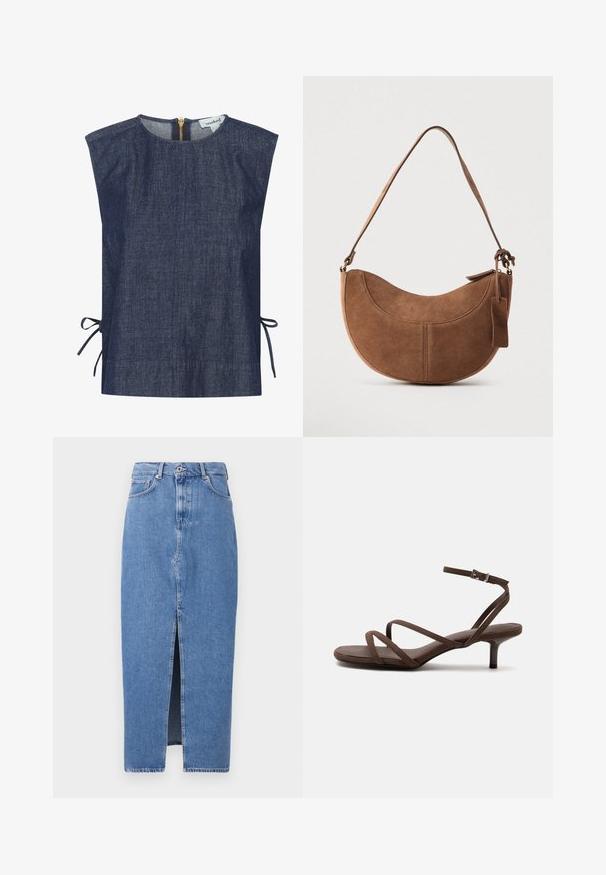 Donkerblauwe denim top met een hoge halslijn, korte mouwen en zijstrikjes. Voorzien van een gouden ritsluiting aan de achterkant en een gladde textuur.; Lichtblauwe denim midi-jurk met een voorkant split, klassieke vijf zakken ontwerp en sluiting met bovenste knoop. De stof heeft een lichte textuur.; Bruine sandaal met hoge hak, dunne gekruiste bandjes en een enkelbandje met een zilveren gesp op een witte achtergrond.; Bruine suède handtas met een gebogen, halve maanvorm. Voorzien van een schouderriem, een klein label en zichtbare stiksels langs de randen.