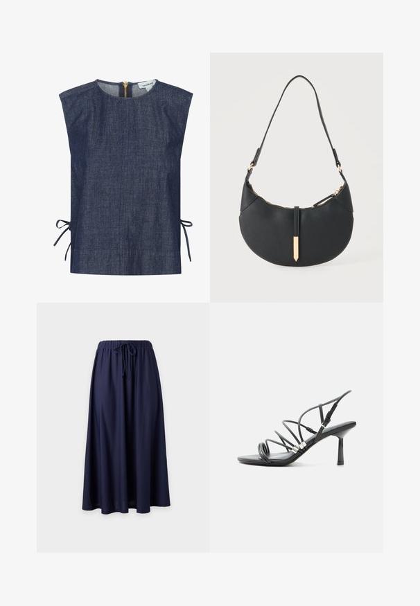 Donkerblauwe denim top met een hoge halslijn, korte mouwen en zijstrikjes. Voorzien van een gouden ritsluiting aan de achterkant en een gladde textuur.; Marineblauwe lange rok met elastische tailleband en vetersluiting aan de voorkant, vloeiende stof met een lichte uitlopende zoom.; Zwarte high-heel sandaal met dunne gebogen bandjes, zilveren accenten en een verstelbare enkelgesp op een witte achtergrond.; Zwarte handtas in halve maanvorm met een enkele band, gouden rits en een gouden rechthoekige decoratieve tab aan de voorkant.