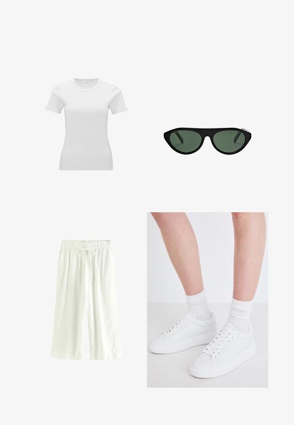 T-shirt femme blanc à manches courtes, ajusté, côtelé, col rond avec une petite étiquette de taille à l’intérieur du col.; Culottes légers, blancs, à coupe décontractée. Dotés d'une taille élastique avec cordon de serrage, de deux poches latérales et d'une texture lisse.; Copenhagen Studios CPH72 - Baskets basses - white; Lunettes de soleil noires œil de chat avec verres teintés vert foncé, vue de face, sur fond blanc uni.