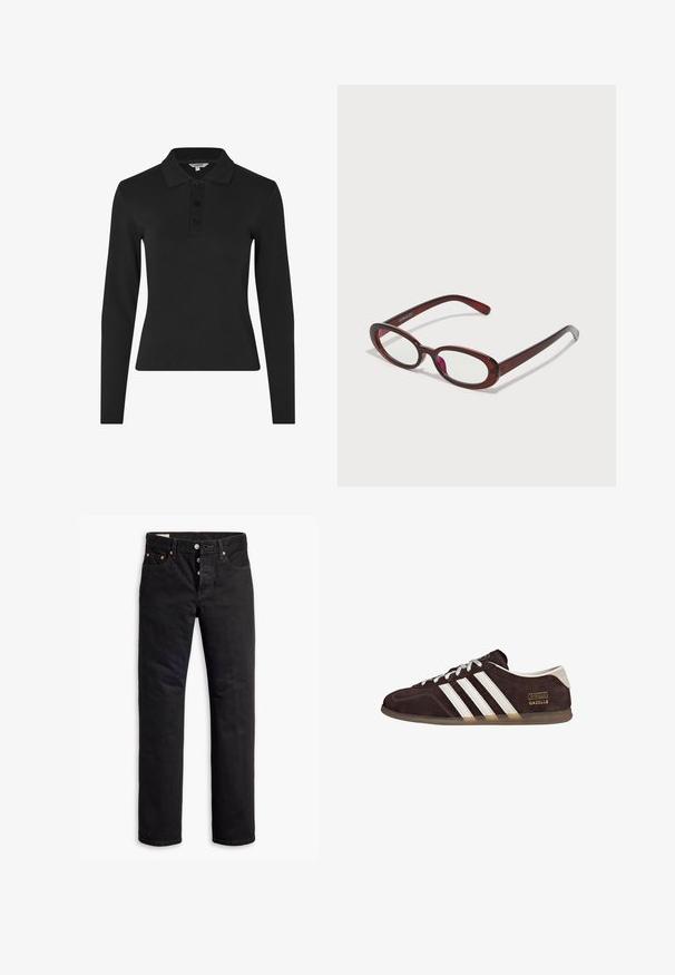 Langærmet sort polo shirt lavet af ribbet stof, med en klassisk krave og en tre-knaps placket foran.; Sorte denimjeans med lige pasform, fem lomme-design og knaplukning. Har kobbernitter og syningsdetaljer.; Brune ruskindssneakers med tre hvide striber, gummisål og tekstlabel med ordene "Gazelle" i guld. Snørebåndsdesign med grå snørebånd.; Ovale røde solbriller med klare linser og slanke brune stel. Designet har subtile kurver og minimalt hardware.