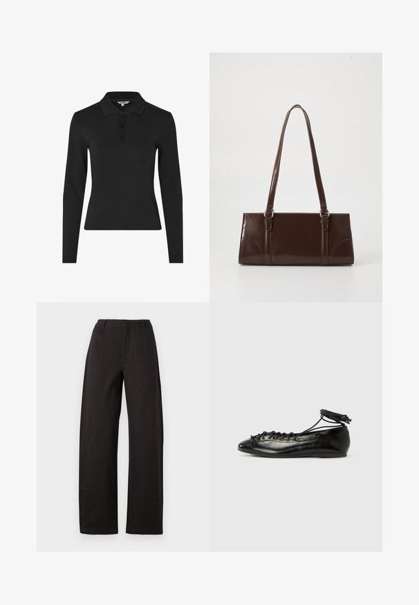 Polo à manches longues noir en tissu côtelé, avec un col classique et une patte de boutonnage à trois boutons à l'avant.; Pantalon large noir, avec une taille haute, une coupe droite et une texture lisse. Pas de motifs visibles ni de détails en métal.; Ballerines en cuir verni noir avec un bout rond, un design à lacets et une semelle plate. Texture lisse avec peu de détails.; Sac à main en cuir verni marron de forme rectangulaire, avec deux longues poignées et des accents courbés subtils à l'avant.