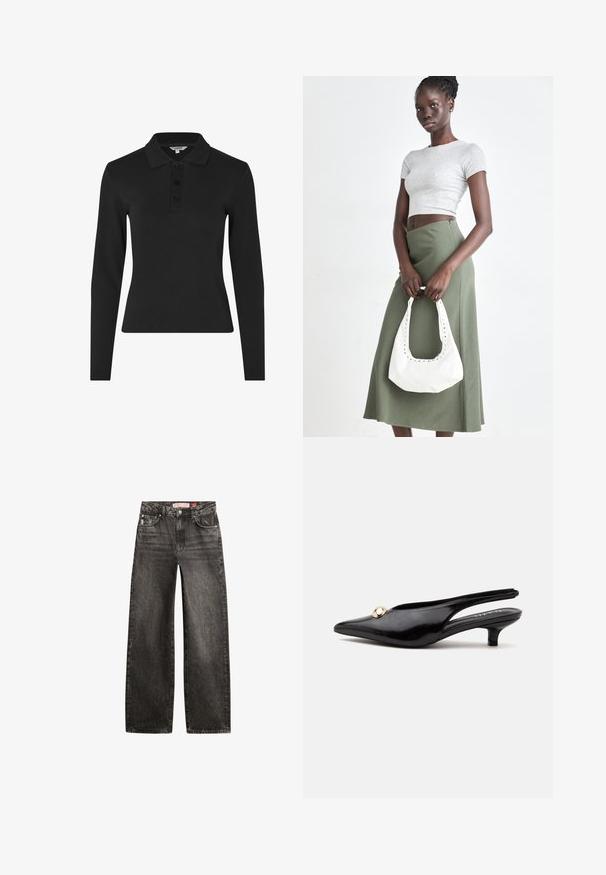 Camisa polo negra de manga larga hecha de tela acanalada, con un cuello clásico y una tapeta de tres botones en la parte frontal.; Vaqueros de denim negro lavado con pierna recta, bolsillos delanteros, trabillas para cinturón y etiqueta de marca en la cintura.; Zapato negro de charol con tacón bajo tipo kitten, puntera puntiaguda y un pequeño adorno redondo dorado en la parte superior.; Top corto de canalé gris y falda de tiro alto verde oliva. La modelo sostiene un bolso de hombro blanco con detalles recortados. Diseño simple, silueta ajustada.