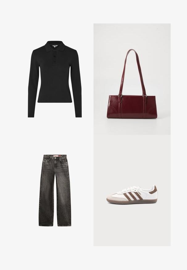 Camisa polo negra de manga larga hecha de tela acanalada, con un cuello clásico y una tapeta de tres botones en la parte frontal.; Vaqueros de denim negro lavado con pierna recta, bolsillos delanteros, trabillas para cinturón y etiqueta de marca en la cintura.; Zapatilla blanca Adidas Samba con franjas de ante marrón, suela de goma marrón y puntera de ante beige, vista desde el lado exterior sobre un fondo liso.; Bolso burdeos hecho de material brillante, de forma rectangular, con dos asas para el hombro y sutiles acentos curvados en la parte frontal.