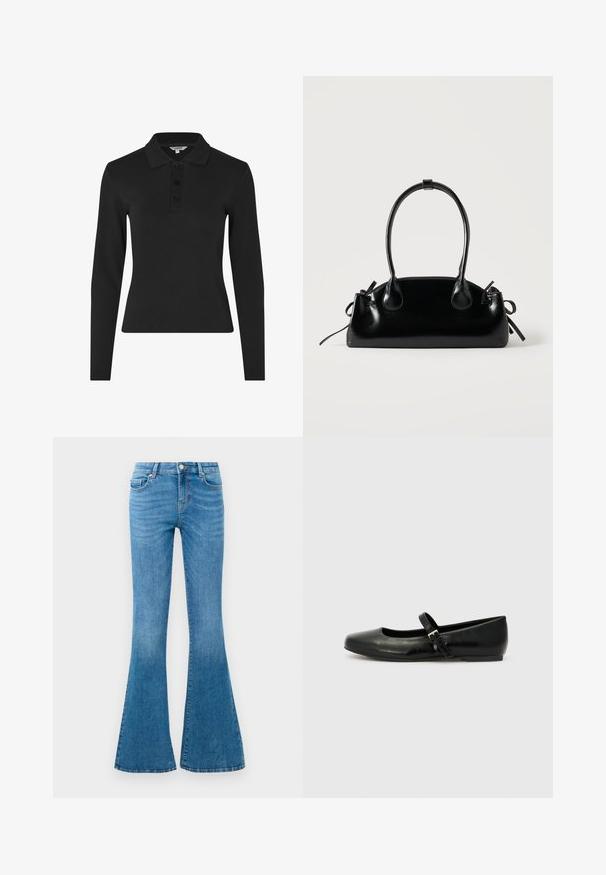 Langærmet sort polo shirt lavet af ribbet stof, med en klassisk krave og en tre-knaps placket foran.; Blå denim flared jeans med mellemhøj talje, der har fem lommer, en standard knaplukning og let falmning for struktur.; Sorte læder balletflade med rund tå, flad sål og en tynd justerbar rem over svangen med en metalspænde.; Lille sort blank håndtaske med to lange håndtag og snøre-detaljer i siden på en ensfarvet lys baggrund.