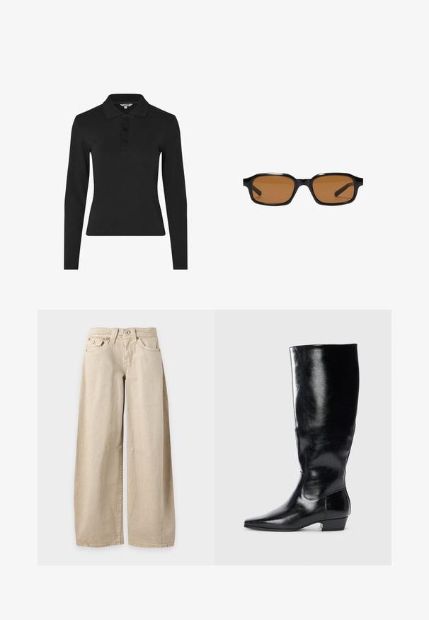 Langærmet sort polo shirt lavet af ribbet stof, med en klassisk krave og en tre-knaps placket foran.; Beige jeans med vide ben, fem lommer og synlige sømme ved knæene, vist fladt mod en ensfarvet lysegrå baggrund.; Sort læderknæhøj støvle med en skinnende finish, spidse tæer og lav blokhæl. Har en glat tekstur og minimalistisk design.; Sorte rektangulære solbriller med tykke stel og brune tonede linser, vist forfra på en hvid baggrund.