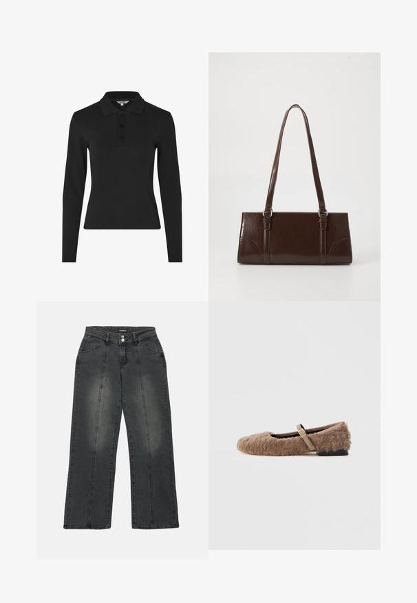 Zwarte polo met lange mouwen van ribstof, met een klassieke kraag en drie knopen aan de voorkant.; Wijduitlopende jeans van donkergrijs denim. Kenmerken omvatten een knoopsluiting, twee voorkantzakken en verticale stiksels voor detail. Versleten plekken aanwezig.; Bruine, fuzzy platte schoen met een Mary Jane-band en een gouden gespdetails. Zacht textuur, vierkante neus en een lage blokhak. Zachte binnenvoering.; Bruine lakleren handtas met een rechthoekige vorm, twee lange handvatten en subtiele gebogen accenten aan de voorkant.