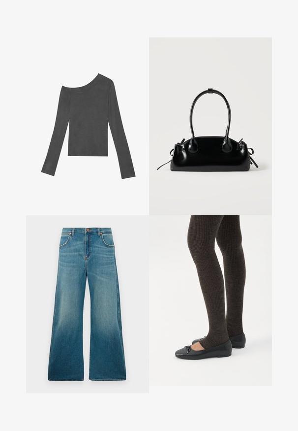 Γκρι, μακρυμάνικο μπλουζάκι με σχέδιο off-shoulder. Φτιαγμένο από μαλακό ύφασμα με λεία υφή και ευθύ τελείωμα.; Υψηλής μέσης μπλε τζιν παντελόνι με φαρδιές γάμπες, μπροστινές τσέπες, κλείσιμο με κουμπί και ξεθωριασμένο χρώμα σε βαθμίδα από τη μέση μέχρι το στρίφωμα.; Πόδια με σκουρόχρωμα ριμπ κολάν συνδυασμένα με μαύρα μπαλαρίνα παπούτσια με μικρές λεπτομέρειες φιόγκων σε λευκό φόντο.; Μικρή μαύρη γυαλιστερή τσάντα με δύο μακριές λαβές και λεπτομέρειες με ρυθμιζόμενο κορδόνι στο πλάι σε απλό ανοιχτό φόντο.