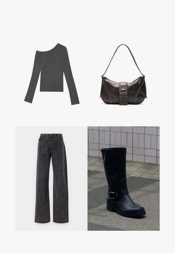 Γκρι, μακρυμάνικο μπλουζάκι με σχέδιο off-shoulder. Φτιαγμένο από μαλακό ύφασμα με λεία υφή και ευθύ τελείωμα.; Noisy May Rhinestone - Τζιν χαλαρής εφαρμογής - black denim; Μαύρη δερμάτινη μπότα μέχρι τη μέση της γάμπας με χαμηλό χοντρό τακούνι και διακοσμητικό λουρί με μεταλλική αγκράφα γύρω από τον αστράγαλο, σε πλακόστρωτο πεζοδρόμιο.; Καφέ δερμάτινη τσάντα ώμου με καμπύλη μορφή, που διαθέτει έντονη διάκοσμηση από κούμπωμα, αντίθετη ραφή και μία μόνο λουρί ώμου.