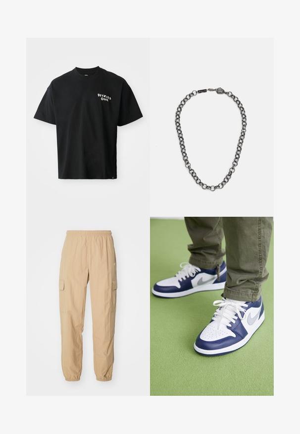 Must mustaga lühikeste varrukatega t-särk, mis on valmistatud puuvillast, vabalt langeva lõikega. Esiküljel on valge "Dickies" logo. Ümar kaelus, ühetooniline.; Beežid cargo püksid, mis on valmistatud kergest kangast, elastse vöökoha, kahe külje tasku ja elastsete kinnitustega pahkluude juures.; Sinine ja valge nahast mugavussportliku jalatsid, millel on perforatiivne varvas, valged paelad ja hõbedased detailid, kombineeritud oliivroheliste pükstega rohelisel pinnal.; Metallist ehetross, millel on piklikud lingid tumedast terasest. Omab geomeetrilist aktsenti ja brändimise detailiga klamber.