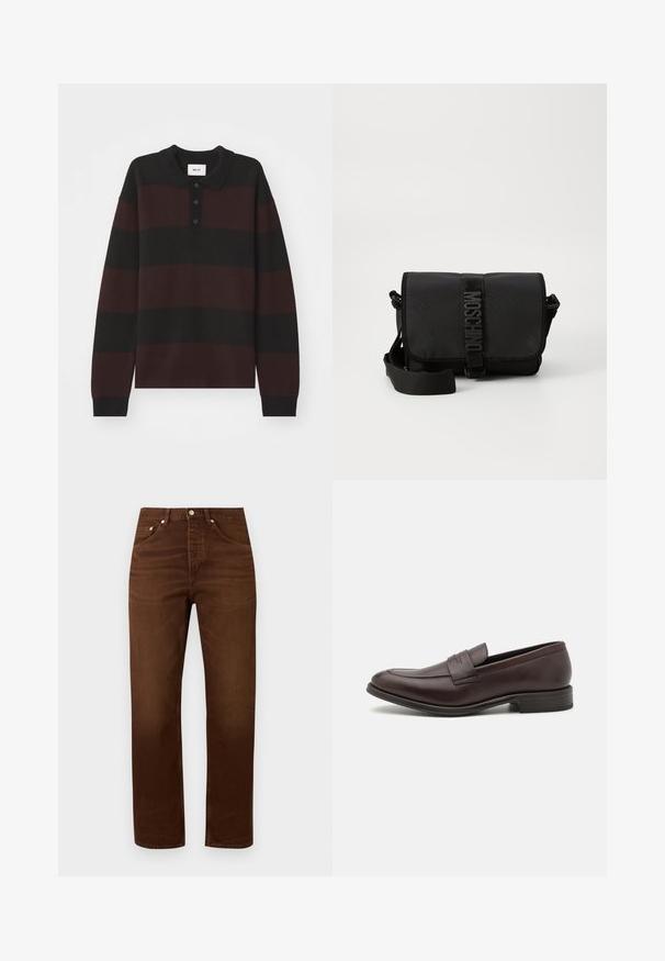 NN.07 RUGBY - Langærmet T-shirt - black; Brune straight-leg jeans lavet af denim med forlommer og metal knaplukning på en ensfarvet lys baggrund.; Brun læderloafer med en glat overflade, syet detalje på tåen og en lav stablet hæl. Minimalistisk design uden synlig branding.; Sort nylon crossbody taske med en klap, prydet med en fremtrædende logo-rem lukning, justerbar rem og sidelægninger.