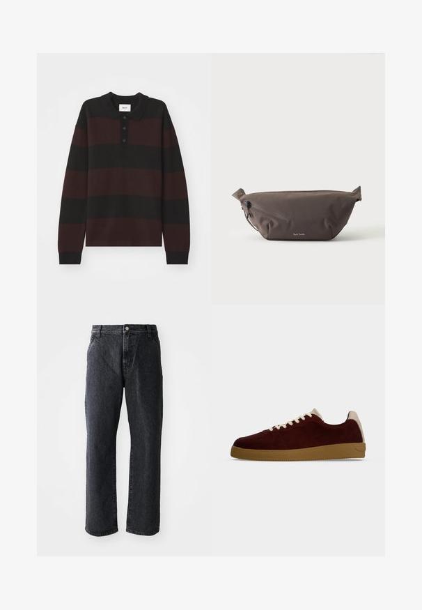 NN.07 RUGBY - Longsleeve - black; Zwarte denim jeans met een rechte pijp, voorzien van een knoopsluiting, vijf zakken en een subtiele textuur. Klassiek ontwerp zonder opvallende patronen.; Low-top sneaker in donkerrood suède met witte veters, beige hieltab en lichtbruine rubberen zool, zijaanzicht op witte achtergrond.; Donkerbruine stoffen heuptas met diagonale ritssluiting en klein wit logo aan de voorkant, tegen een effen lichte achtergrond.
