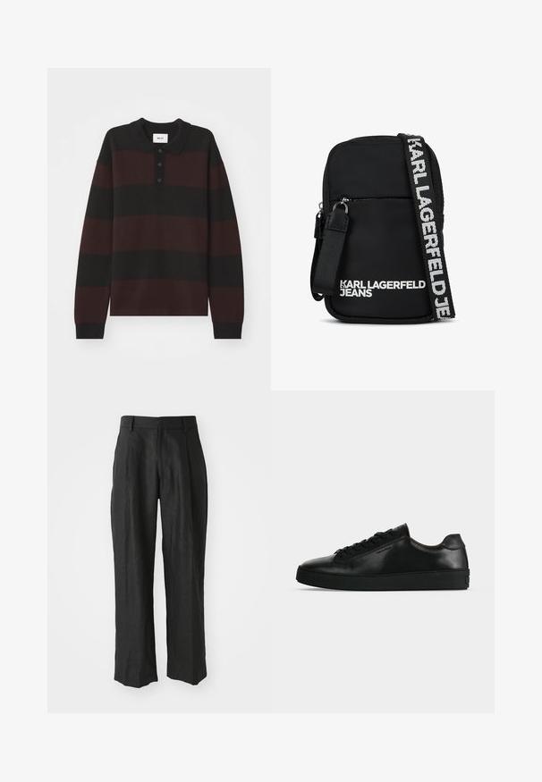 NN.07 RUGBY - Langarmshirt - black; Schwarze Leinenhosen im gerade geschnittenen Design, mit markanten Falten an der Vorderseite und einer glatten Textur.; Schwarzer niedriger Ledersneaker mit schwarzen Schnürsenkeln und dicker schwarzer Sohle, von der Seite auf hellgrauem Hintergrund gezeigt.; Schwarze Stoff-Crossbody-Tasche mit rechteckiger Form, ausgestattet mit einer Reißverschlusstasche an der Vorderseite und einem kontrastierenden Logo-Gurt in Weiß.