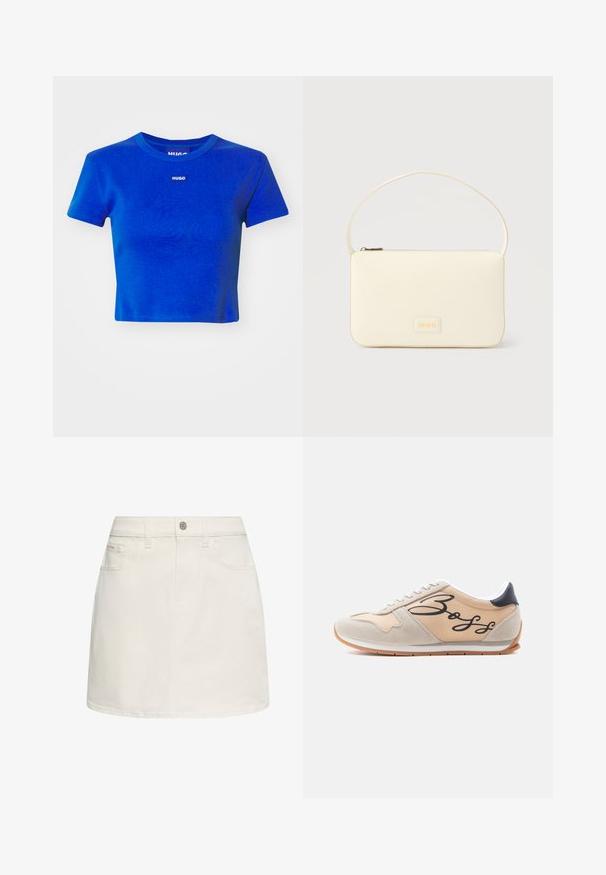 Camiseta corta azul hecha de algodón acanalado. Presenta un escote redondo y una pequeña etiqueta de logotipo blanco en el pecho. Mangas cortas.; Minifalda blanca de denim con trabillas para cinturón, cierre frontal de botones y dos bolsillos delanteros.; Zapatilla de color beige y gris claro con detalles en gamuza, cordones blancos, suela de goma, pestaña del talón negra y un gran logo "Boss" negro en el lateral.; Bolso rectangular color crema con una sola correa y cremallera superior, con una pequeña placa de logotipo en relieve en el frente.