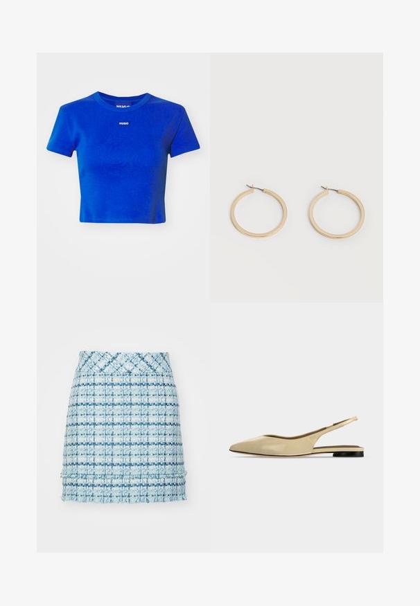 Camiseta corta azul hecha de algodón acanalado. Presenta un escote redondo y una pequeña etiqueta de logotipo blanco en el pecho. Mangas cortas.; Minifalda azul de tweed con un patrón texturizado, que presenta un dobladillo deshilachado y una cinturilla ajustada. El diseño incorpora diferentes tonalidades de azul.; Zapato plano beige con puntera puntiaguda, diseño slingback, tacón bajo negro y acabado en cuero liso, mostrado de perfil sobre un fondo liso.; Par de pendientes de aro de tamaño mediano con tono dorado y cierre de bisagra sobre un fondo claro y liso.