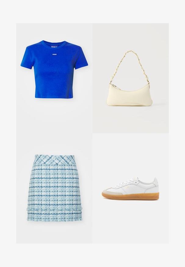 Blå cropped t-shirt lavet af ribbet bomuld. Har en rund halsudskæring og et lille hvidt logo-label på brystet. Korte ærmer.; Blå tweed mini-skjorte med et tekstureret mønster, der har en frynset kant og en tætsiddende talje. Designet inkluderer varierende nuancer af blå.; Hvide lædersneakers med beige ruskindsdetaljer, gummisål og snøredesign. Har diskret branding i guld.; Lille cremefarvet taske med en kurvet form og fletet guldfarvet kæde som håndtag, lynlås lukning på toppen