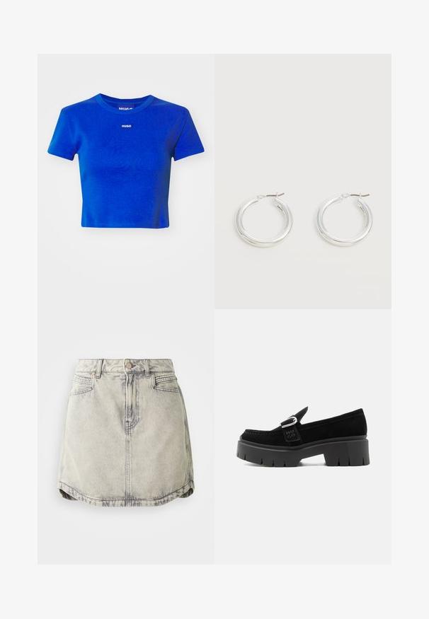 Camiseta corta azul hecha de algodón acanalado. Presenta un escote redondo y una pequeña etiqueta de logotipo blanco en el pecho. Mangas cortas.; Falda de denim en gris claro con textura desgastada, que cuenta con una cinturilla abotonada, bolsillos frontales y un dobladillo ligeramente curvado.; Mocasín de ante negro con suela gruesa de tacos, detalle de hebilla plateada y "HUGO" en relieve en la correa lateral, mostrado desde el lado exterior.; Par de pendientes de aro plateados brillantes de tamaño mediano con cierres metálicos finos sobre un fondo neutro claro.