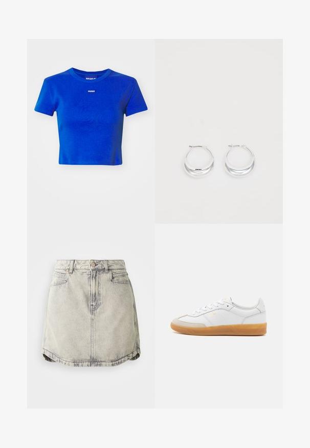 Blå cropped t-shirt lavet af ribbet bomuld. Har en rund halsudskæring og et lille hvidt logo-label på brystet. Korte ærmer.; Denim nederdel i lys grå med en falmet tekstur, der har en knappet talje, forlommer og en let buet sømdesign.; Hvide lædersneakers med beige ruskindsdetaljer, gummisål og snøredesign. Har diskret branding i guld.; Sølv hoops øreringe med en poleret overflade og DKNY branding, præsenteret mod en simpel hvid baggrund.