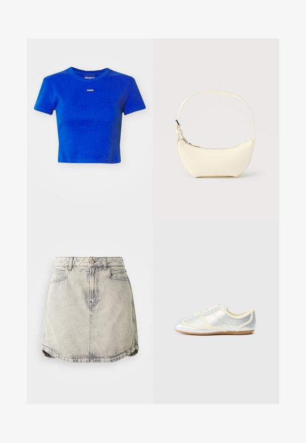Blå cropped t-shirt lavet af ribbet bomuld. Har en rund halsudskæring og et lille hvidt logo-label på brystet. Korte ærmer.; Denim nederdel i lys grå med en falmet tekstur, der har en knappet talje, forlommer og en let buet sømdesign.; Sølvfarvede syntetiske sneakers med cremefarvede detaljer, lav profil, rundet snude og flad gummisål; har klassiske syninger og snørelukning.; Lille, halvmåneformet håndtaske i cremelæder med en enkelt rem og lynlås i toppen på en ensfarvet baggrund.