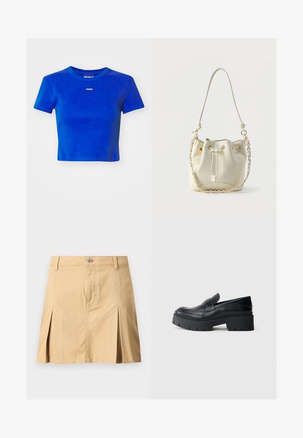 Blå cropped t-shirt lavet af ribbet bomuld. Har en rund halsudskæring og et lille hvidt logo-label på brystet. Korte ærmer.; Beige knælang nederdel med bærestropper, knaplukning foran, to forreste folder og synlige syninger på ensfarvet baggrund.; Sort klodset platform loafers med glat læderoverdel, dekorativ rem og tyk struktureret sål på hvid baggrund.; Hvid læder bucket-taske med snørelukning, flettet kæde og læder skulderrem samt guldfarvede øjer.