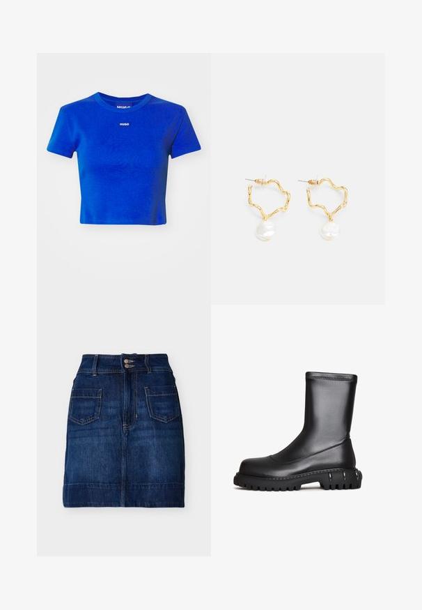 Blå cropped t-shirt lavet af ribbet bomuld. Har en rund halsudskæring og et lille hvidt logo-label på brystet. Korte ærmer.; Mørkeblå denimnederdel med forlommer, dobbel knaplukning, bæltestropper og synlige sømme, lagt fladt på en hvid baggrund.; Sorte vandtætte ankelstøvler med en glat overflade, rund tå og kraftig struktureret sål med dekorative sølvdetaljer langs kanten.; Guldtonede hoop øreringe med et bølget design, der har en hvid perle som dråbeaccent. Teksturen er glat, og øreringene er lette.