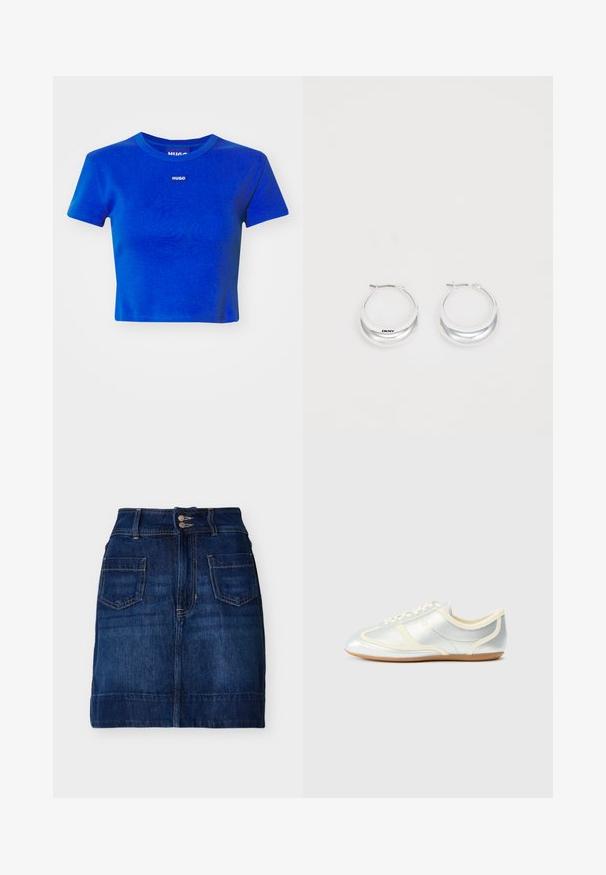 Camiseta corta azul hecha de algodón acanalado. Presenta un escote redondo y una pequeña etiqueta de logotipo blanco en el pecho. Mangas cortas.; Falda de mezclilla azul oscuro con bolsillos delanteros, cierre de doble botón, trabillas para cinturón y costuras visibles, colocada plana sobre un fondo blanco.; Zapatillas sintéticas plateadas con detalles en crema, perfil bajo, puntera redonda y suela de goma plana; cuentan con costuras clásicas y cierre de cordones.; Pendientes de aro de plata con un acabado pulido y la marca DKNY, exhibidos sobre un fondo blanco liso.