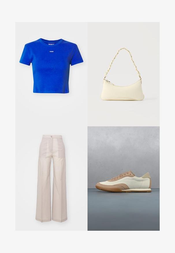 Blå cropped t-shirt lavet af ribbet bomuld. Har en rund halsudskæring og et lille hvidt logo-label på brystet. Korte ærmer.; Beige brede bukser lavet af et letvægtigt vævet stof, med høj talje, enkelt frontknaplukning og en subtil tekstur.; Sneaker i creme og beige med tekstureret overdel, snørebånd og gummisål, vist oven på en træoverflade med småsten.; Lille cremefarvet taske med en kurvet form og fletet guldfarvet kæde som håndtag, lynlås lukning på toppen