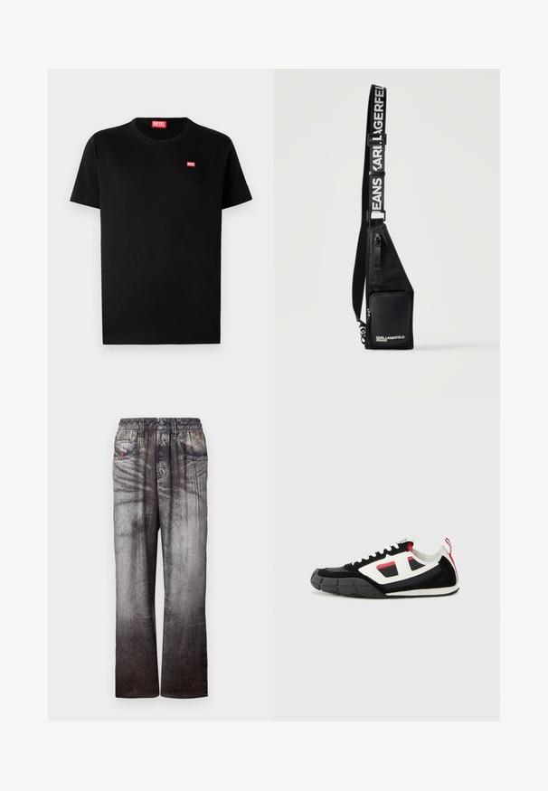 Schwarzes Baumwoll-T-Shirt mit rundem Halsausschnitt und kurzen Ärmeln. Verfügt über ein kleines rotes Diesel-Logo auf der Brust. Einfaches, klassisches Design.; Jeans mit einem verblassten Blau-zu-Grau-Gradient, elastischem Bund und seitlichen Taschen. Sie besitzen eine strukturierte Oberfläche mit subtilem Nähen.; Diesel S PAGODHA LOW - Sneaker low - black; Schwarze Umhängetasche mit vorderer Reißverschlusstasche und verstellbarem Riemen, bedruckt mit "KARL LAGERFELD JEANS" in weißen Buchstaben.
