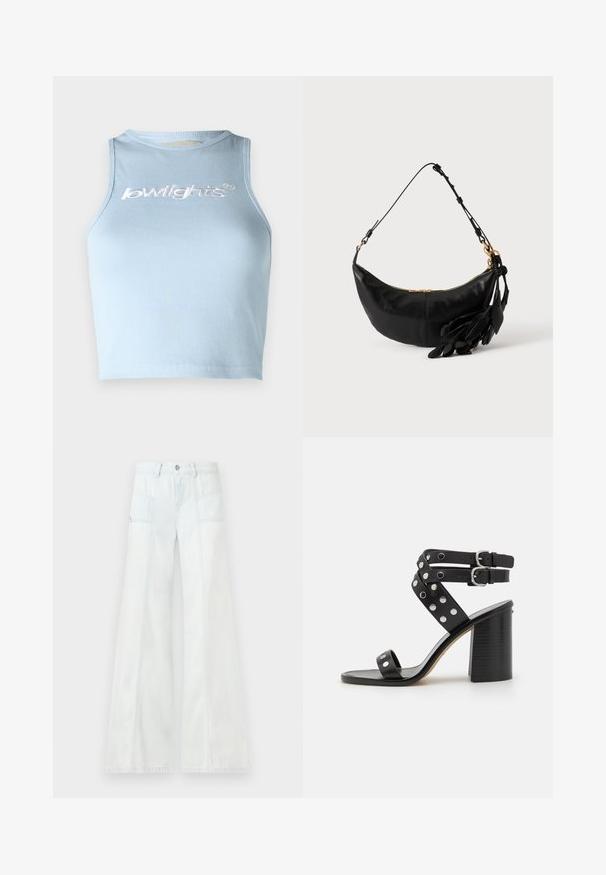 Débardeur court en bleu clair avec un col rond et sans manches. Présente un texte brodé blanc à l'avant.; Pantalons en denim à larges jambes de couleur bleu clair avec des poches avant à rabat et des passants de ceinture, présentés sur un fond uni.; Sandale noire à talon haut avec un talon en bloc texturé, des brides de cheville à double boucle et des clous circulaires argentés sur les brides croisées.; Sac d'épaule en cuir noir en forme de croissant avec bandoulière réglable, fermeture éclair dorée et pompons en cuir décoratifs en forme de feuille sur un côté.