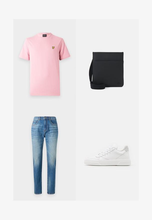Rosa T-Shirt mit kurzen Ärmeln aus Baumwolle, mit einem kleinen schwarzen und gelben bestickten Vogel-Logo auf der linken Brust.; Hellblaue Denim-Jeans im geraden Schnitt, mit hoher Taille, subtiler Auswaschung und klassischem Fünf-Taschen-Design. Metallknopfverschluss.; Weiße Leder-Sneaker mit glatter Oberfläche, rundem Zehenbereich, flachen Schnürsenkeln und strukturiertem Schuhsohlen. Graues Wildleder-Detail an der Ferse.; Schwarze Umhängetasche aus strukturiertem Stoff, mit einem schlichten rechteckigen Design, verstellbarem Gurt und einem Logo auf der Vorderseite.