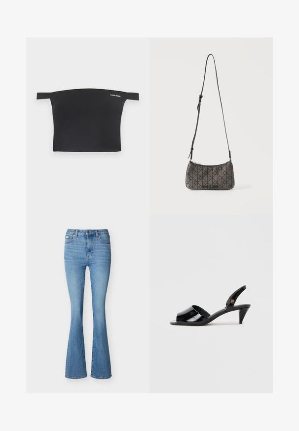 Sort crop top med off-shoulder design, fremstillet af glat stof. Har smalle stropper og et lille hvidt Calvin Klein-logo på forsiden.; Lyseblå jeans med høj talje i denim, let udsvajet forneden og med standard fem-lomme-design.; Sorte laks slingback hæle med åben tå, der har en slank hæl og et brandet element på remmen.; Lille Calvin Klein skuldertaske med justerbar sort rem, brun stof med gentaget logomønster og top lynlåslukning.