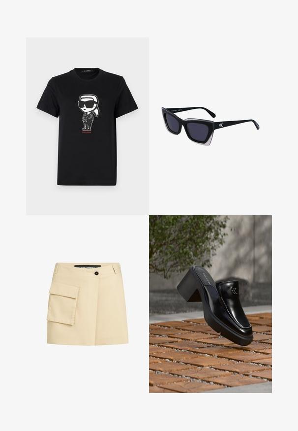 Schwarzes Baumwoll-T-Shirt mit einem Grafikmotiv einer Figur in Sonnenbrille und Anzug. Einfaches Rundhals-Design mit kurzen Ärmeln. Roter Text darunter.; Beiger Rock mit tailliertem Bund, vorderem Knopfverschluss und einer Cargo-Tasche auf der linken Seite. Glatter Stoff mit maßgeschneidertem Design.; Schwarze Leder-Slip-on-Mule von Calvin Klein mit Blockabsatz, die auf Holzfliesen im Freien nahe einer grünen Pflanze und einer grauen Wand ruht.; Schwarze übergroße Sonnenbrille mit geometrischer Form, ausgestattet mit dunklen Gläsern und einem kontrastierenden grauen Detail im Rahmen. Logo am Bügel.